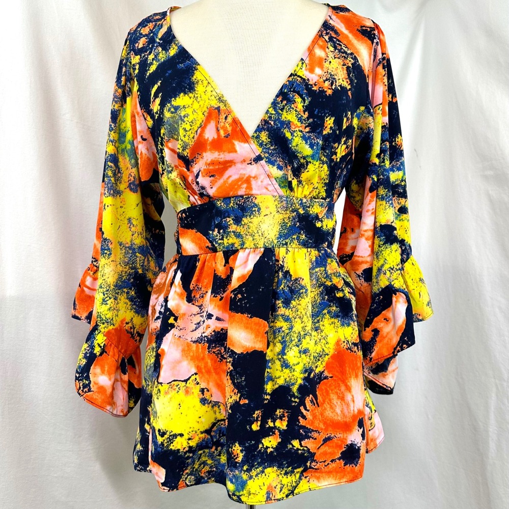 BETSEY JOHNSON Abstract Floral Bell Sleeve Empire Waist Tie Back Top Women's L